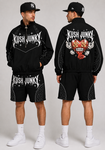 Kush Junky “Midnight Heart” Windbreaker Short Set – Black